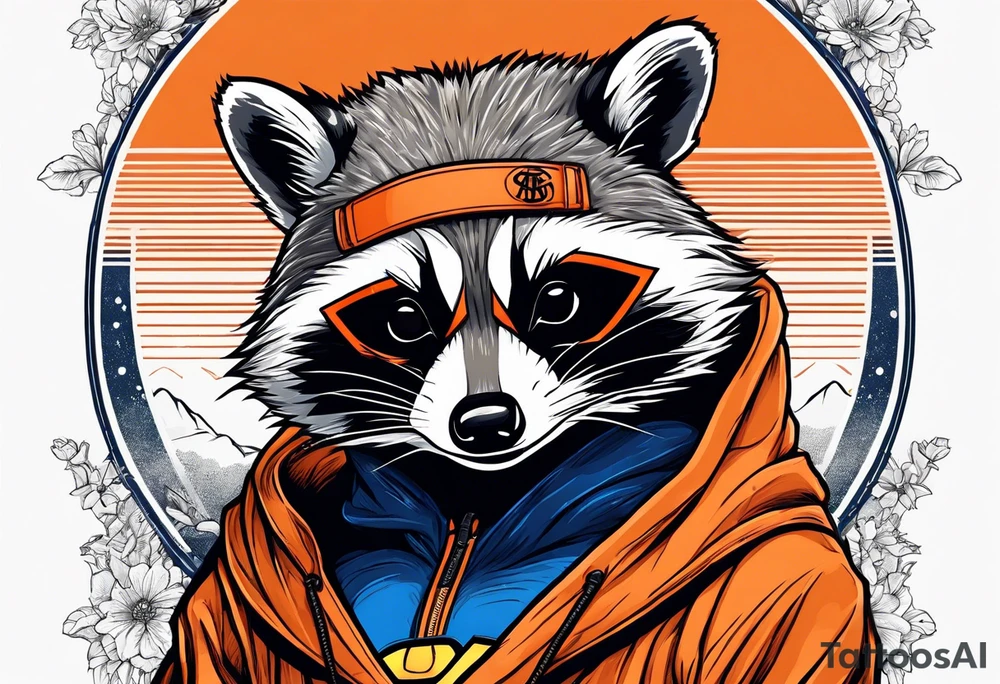 Raccoon wearing an orange Superman hoodie tattoo idea