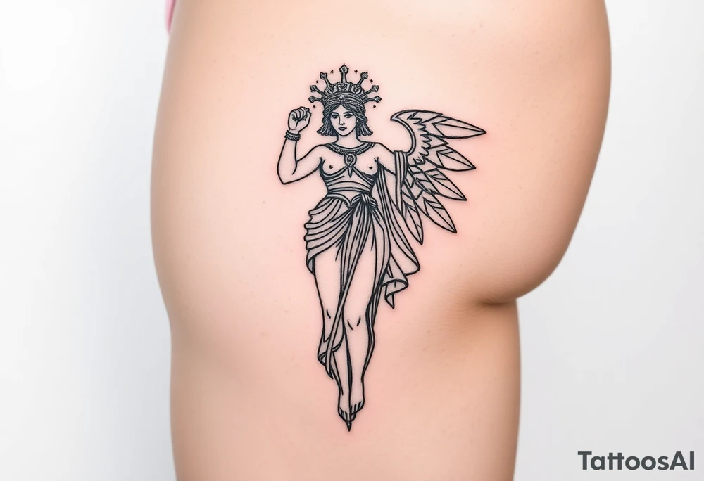 outer thigh tattoo greek sculpture athena, fine line tattoo idea