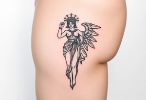 outer thigh tattoo greek sculpture athena, fine line tattoo idea