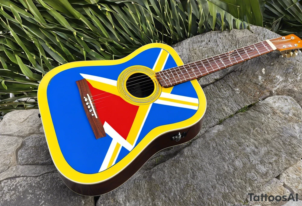 acoustic guitar with cut diagonally with one side with the flag of curacao, the other with some raggae colors. on the outside of the guitar, the side with the curacao flag to adorned with some becah or sea creature theme, like a sea turtle. The side with the raggae to have some music notes flowing out tattoo idea