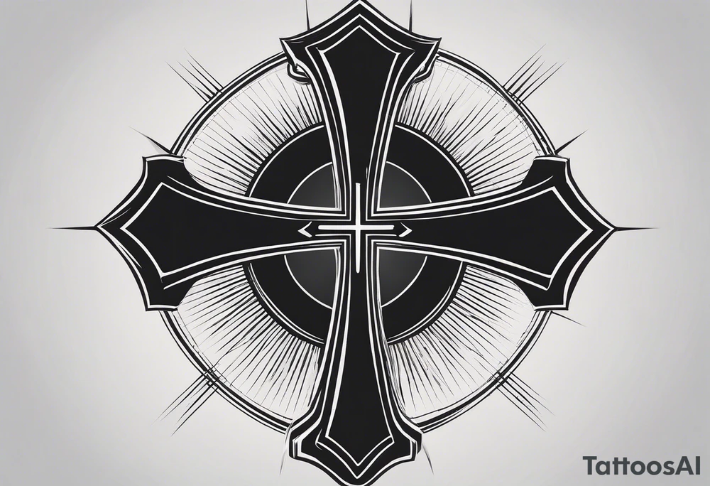 Tattoo: A refined cross with a soft halo on top of it, symbolizing light and spirituality. Delicate rays extend outward from the halo, adding a subtle glow and depth. The cross itself is simple and elegant, with potential for small, intricate line details within the design. tattoo idea