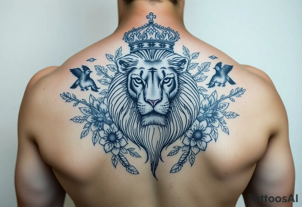 powerful majestic lion with a crown, surrounded by floral ornaments and birds tattoo idea