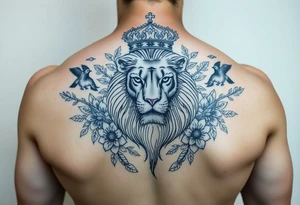 powerful majestic lion with a crown, surrounded by floral ornaments and birds tattoo idea