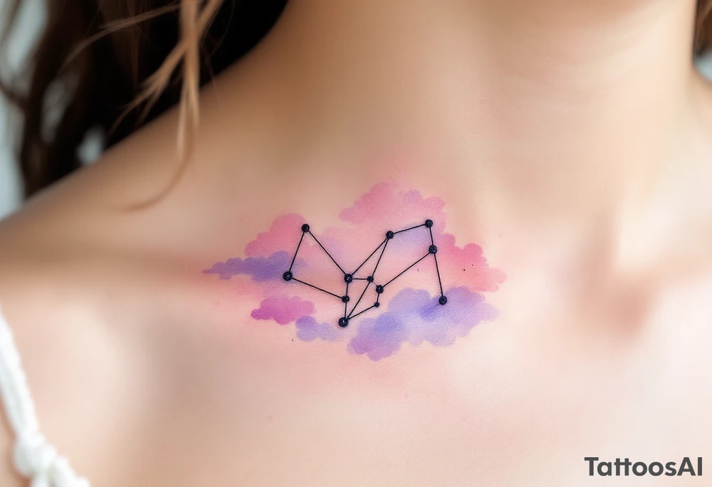 A soft pastel rendering of the Capricorn constellation on the collarbone, with pink and lavender clouds behind it. tattoo idea