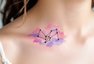 A soft pastel rendering of the Capricorn constellation on the collarbone, with pink and lavender clouds behind it. tattoo idea
