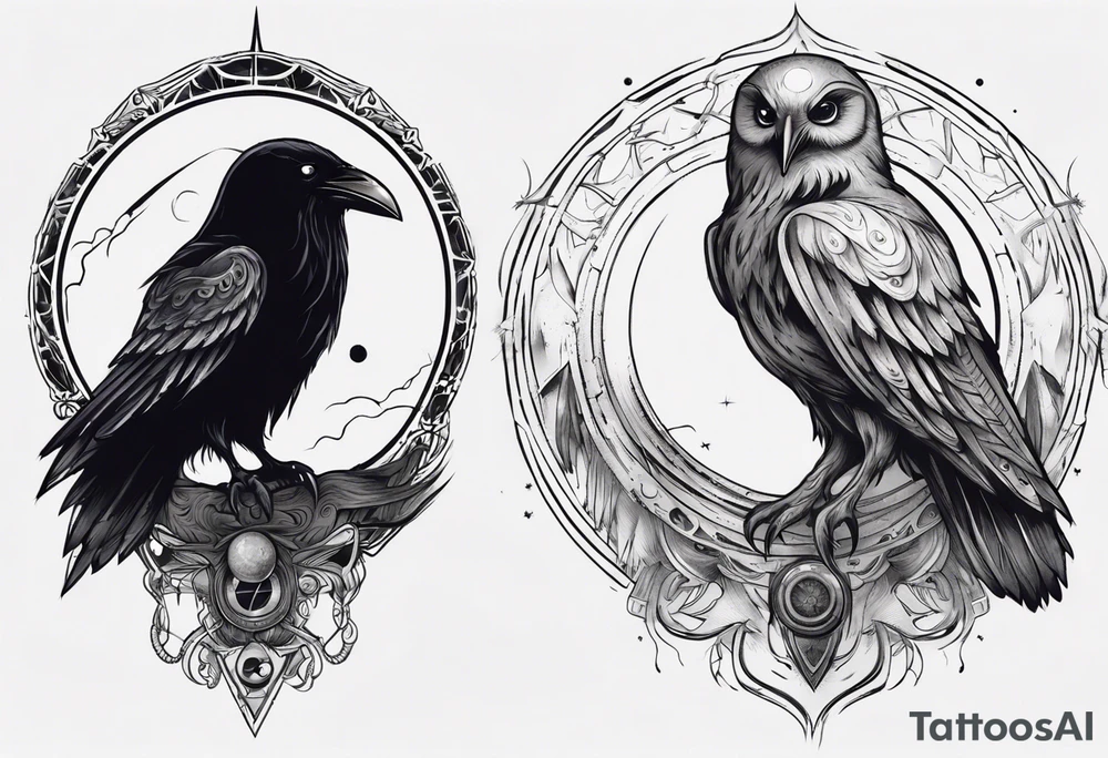 Raven on the left. Owl on the right. Mystic. Dark Demonic Energy. The Moon. tattoo idea