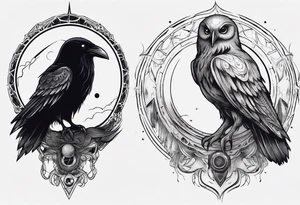 Raven on the left. Owl on the right. Mystic. Dark Demonic Energy. The Moon. tattoo idea