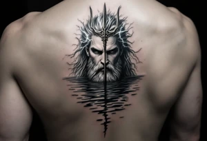 neptune with trident half way in calm water with lightning tattoo idea