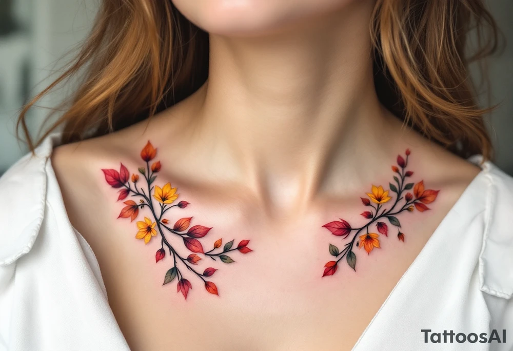 Two separate collarbone tattoos of long, stems and branches covered with red, orange, yellow and dark forest green leaves and flowers, fall themed, muted, delicate and gentle but moody, long and thin, following the collarbone. tattoo idea
