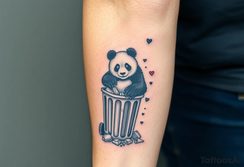 Panda ripping through a trash can, surrounded by rubbish tattoo idea