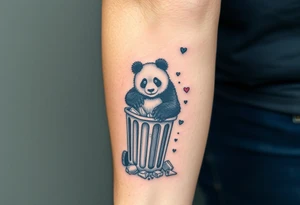 Panda ripping through a trash can, surrounded by rubbish tattoo idea