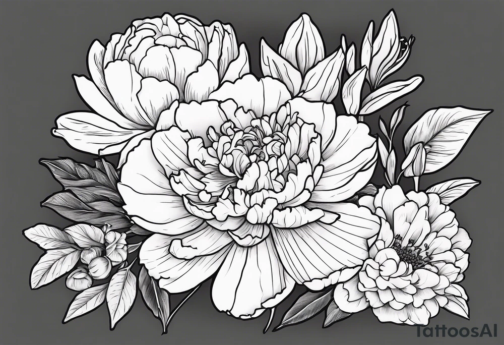 8 flowers to symboize 8 family design : 
peony, carnation, daffodil, daphne, dahlia, desiree, daisy and rose and label the flower name tattoo idea