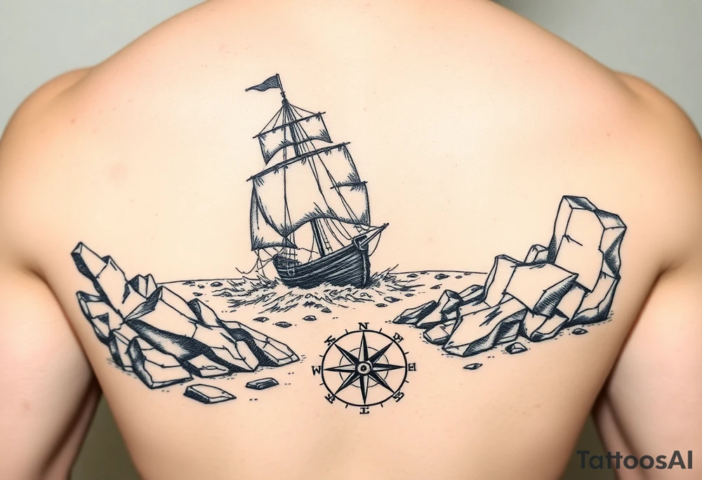 A tattered galleon ship sailing toward a stormy and rocky shore and a compass pointing home tattoo idea