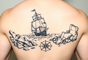 A tattered galleon ship sailing toward a stormy and rocky shore and a compass pointing home tattoo idea