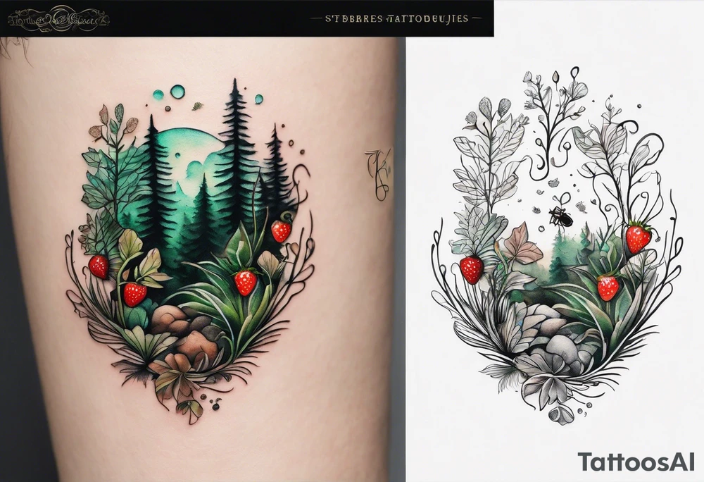 forest floor inspired minimalist tattoo, which includes grass, curly ferns, moss and dead leaves as the bulk of the tattoo. details to include: three very tiny strawberries, a tiny bumblebee flying nearby, three small brown mushrooms
Generate a vertically long one tattoo idea