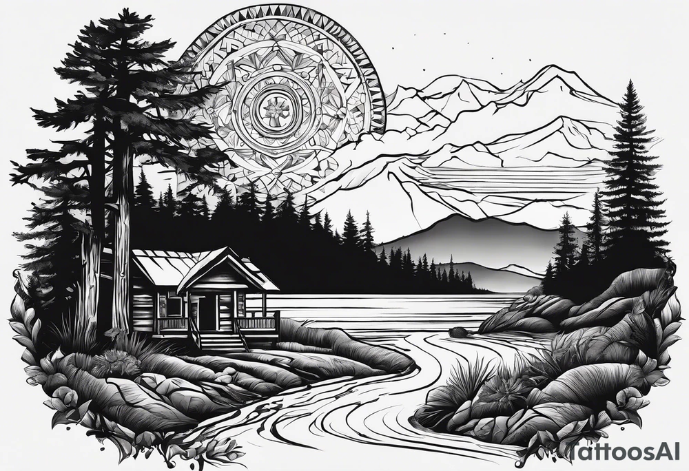 A shadow of a family of four walking through the Pacific northwest landscape. Faith centered and add Mexican culture .  Shoulder Tattoo tattoo idea