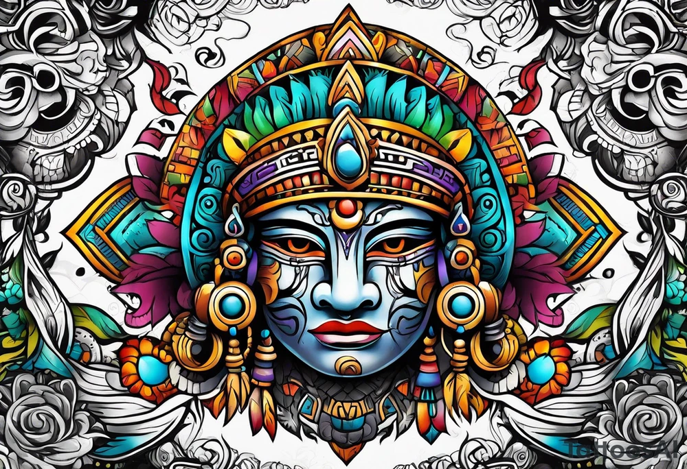 Colorful Mayan cave tattoo idea