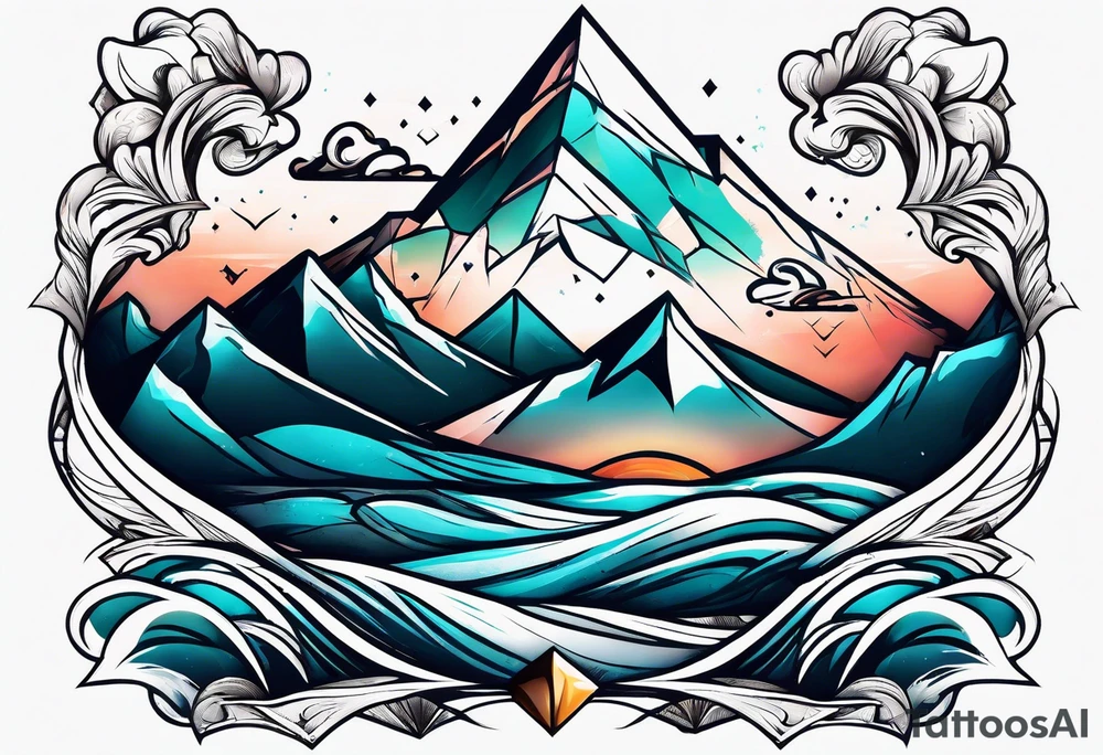 Mountains and ocean waves crashing diamond shape tattoo idea Mountains and ocean waves crashing diamond shape tattoo idea