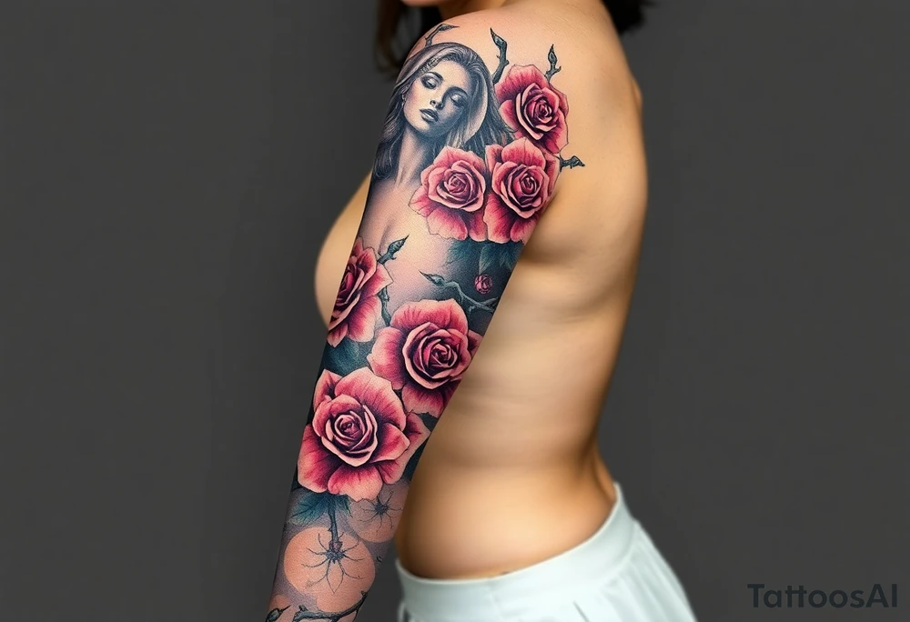 Nashika with roses surrounding with thorns tattoo idea