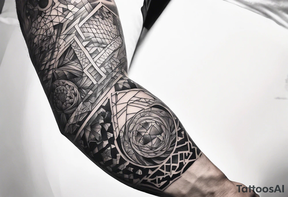 fragmented extreme pain man elbow on arm tattoo idea