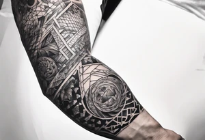 fragmented extreme pain man elbow on arm tattoo idea