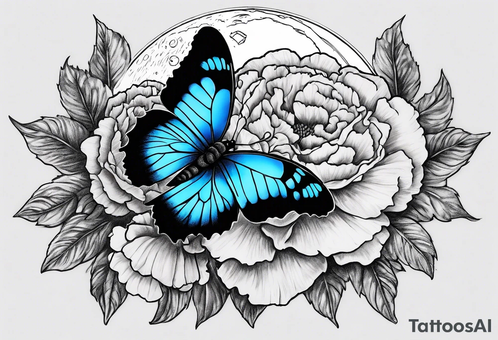 Blue butterfly full moon carnations tattoo idea