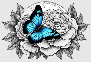Blue butterfly full moon carnations tattoo idea