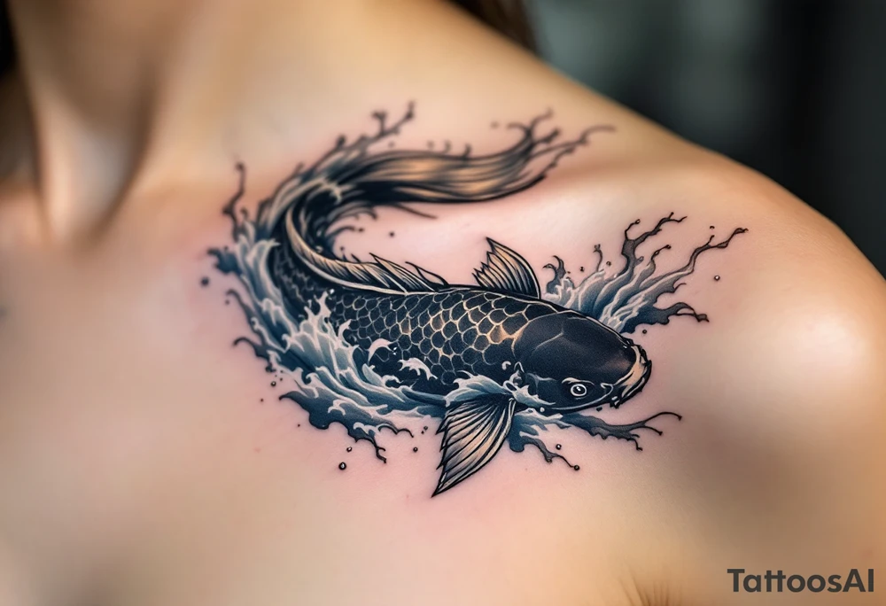 Black Koi in Stormy Water – A dark, shadowy koi with subtle silver highlights, battling rough waves, signifying overcoming adversity. tattoo idea