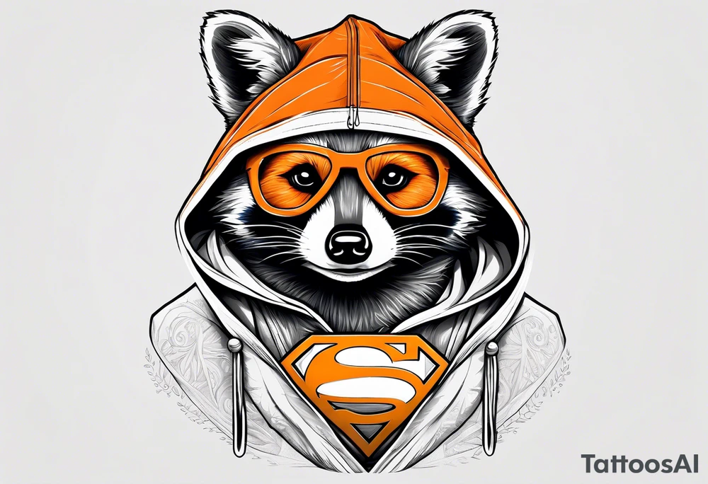 Raccoon wearing an orange Superman hoodie tattoo idea