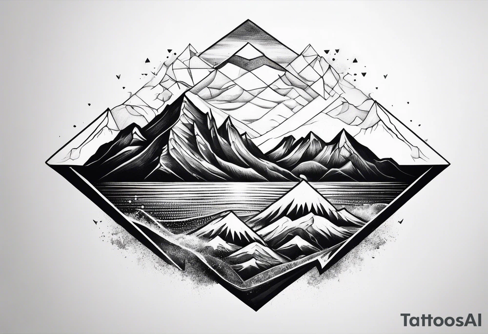 Mountains and ocean waves crashing diamond shape tattoo idea