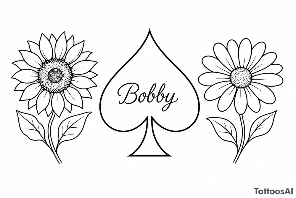 Bobby middle center inside the middle of the spade with a sunflower and a daisy on each side of the spade very super extremely traceable to trace onto notebook paper, very super extremely easy and simple traceable tracing black and white outlining outline coloring pages very super extremely traceable to trace onto notebook paper tattoo idea