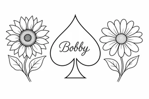 Bobby middle center inside the middle of the spade with a sunflower and a daisy on each side of the spade very super extremely traceable to trace onto notebook paper, very super extremely easy and simple traceable tracing black and white outlining outline coloring pages very super extremely traceable to trace onto notebook paper tattoo idea