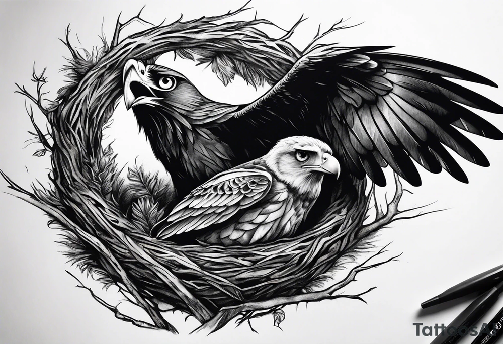 Owl, raven, eagle cuddled in a nest, looking down into the nest tattoo idea