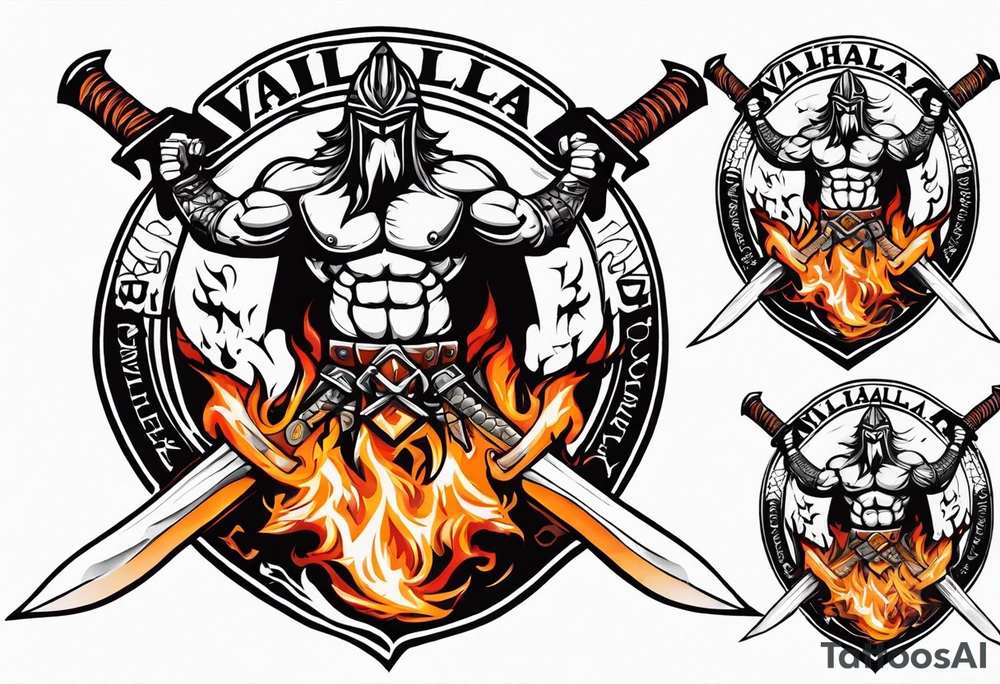 valhalla on fire sword shield axe warrior tattoo idea