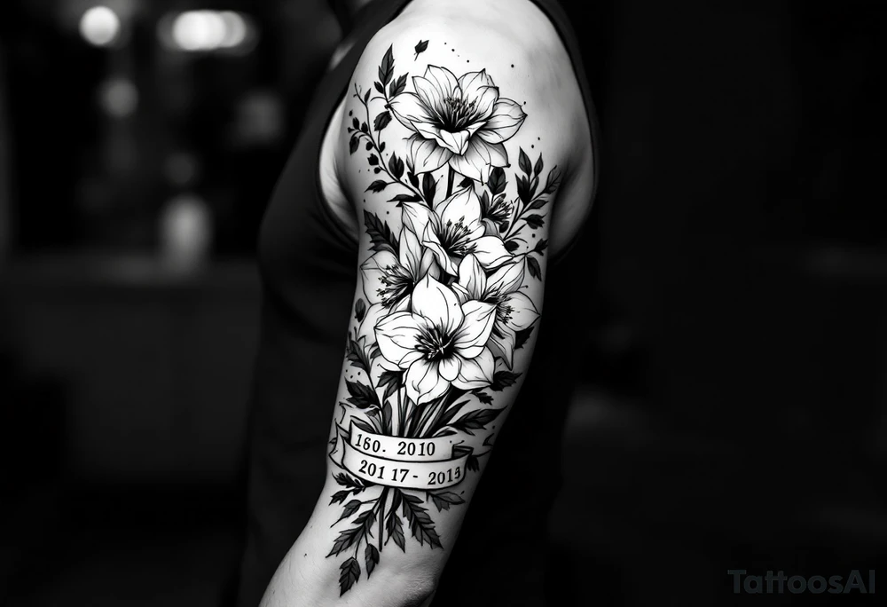 narcissus flowers, daffodils and holly. at the base and top of the sleeve are banners with roman numerals across tattoo idea