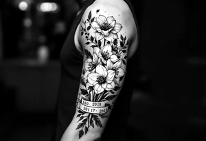 narcissus flowers, daffodils and holly. at the base and top of the sleeve are banners with roman numerals across tattoo idea