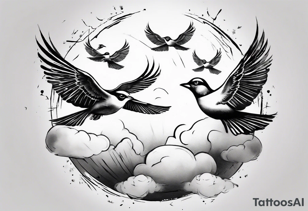 shoulder tattoo with light rays with birds flying free among the clouds, round shape tattoo idea