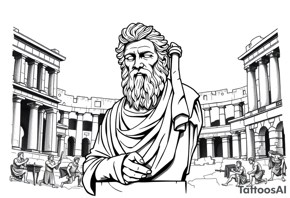 greek philosopher statue with masculine Fram in front of old broken greek buildings with fighters in the coliseum tattoo idea