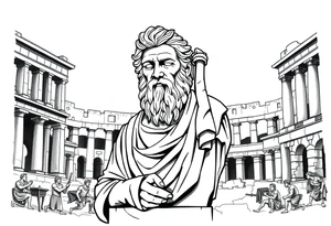 greek philosopher statue with masculine Fram in front of old broken greek buildings with fighters in the coliseum tattoo idea