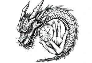 Horror dragon tattoo with clock, dollars and palm on background tattoo idea