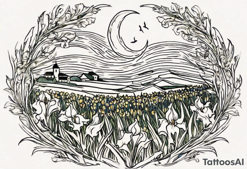 Create a small Vincent van Gogh Irises tattoo. The tattoo should take the form of a crescent, with vines gracefully intertwining at a central point in the middle of the wreath with a bird. The intended placement is on the upper chest. The overall design should be small in size while maintaining a delicate and artistic aesthetic. Pay attention to the graceful flow of the vines and the placement of the irises to achieve a refined and elegant look. tattoo idea