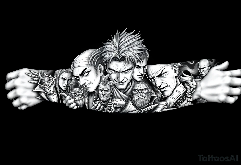 Full anime sleeve tattoo in black and grey realism, featuring 10 intense anime characters with sharp shading, dramatic lighting, and high contrast. Multiple characters integrated seamlessly along the arm, with overlapping panels, bold linework, and detailed facial expressions. Dark shadows and smoky effects in the background for depth. Masculine and dynamic style, designed as a complete arm sleeve tattoo idea