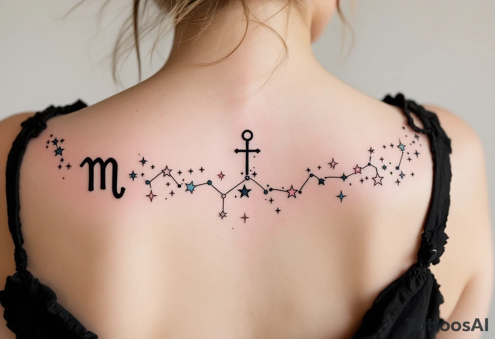The Virgo zodiac sign in black anchors a trail of pastel-colored stars that form the constellation on the upper spine. tattoo idea