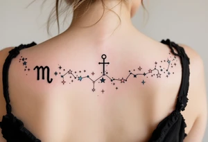 The Virgo zodiac sign in black anchors a trail of pastel-colored stars that form the constellation on the upper spine. tattoo idea