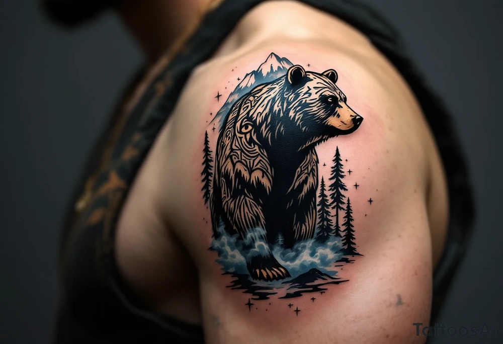 A powerful, majestic bear tattoo with a deep black and brown color palette. The bear is depicted in a standing position, symbolizing strength and protection, with intricate tribal patterns subtly etched along its body, representing its spiritual connection to the earth. TAround the bear, mountain peaks and pine trees form a natural, serene backdrop, while delicate blue mist rises from the ground, tattoo idea
