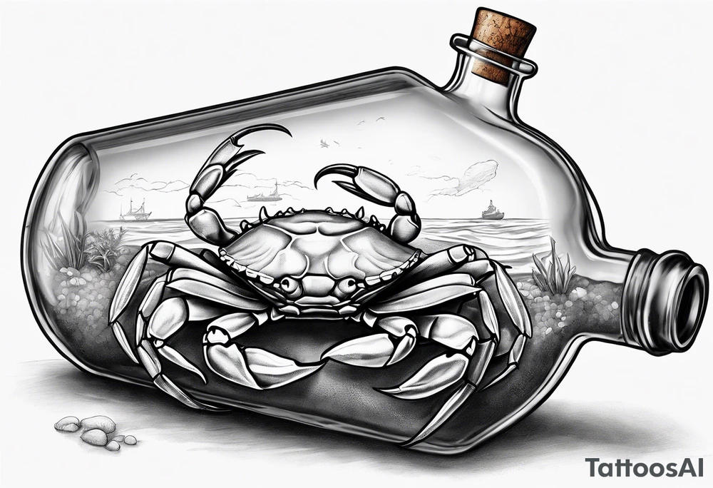A message in a bottle. Rolled up map inside the bottle. crab outside protecting the bottle. tattoo idea A message in a bottle. Rolled up map inside the bottle. crab outside protecting the bottle. tattoo idea