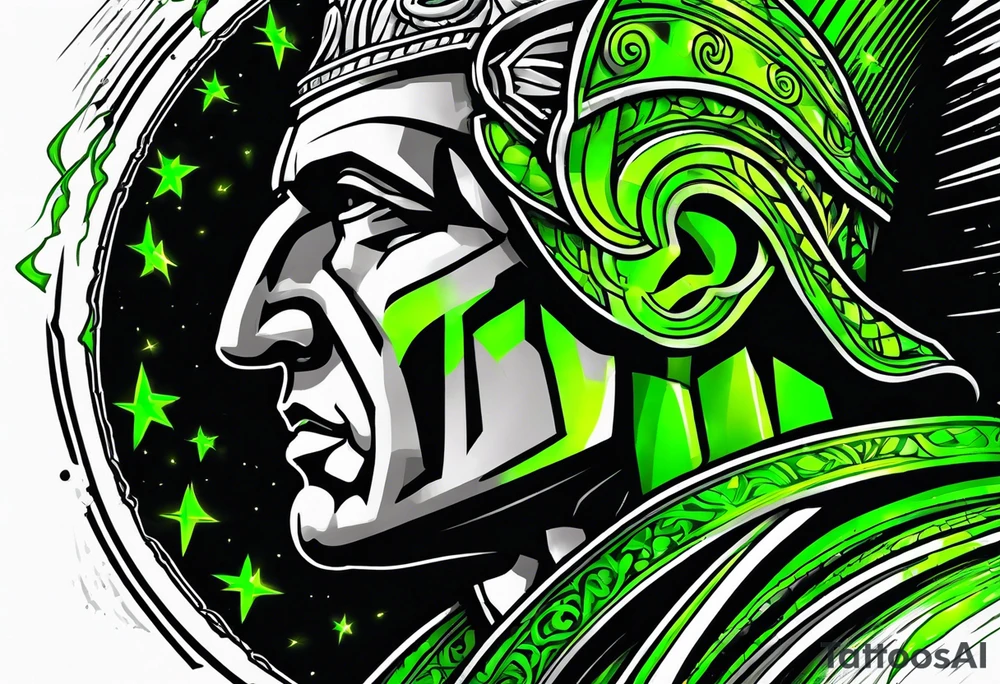 Julius Caesar tattoo with streaks of neon green lightning in the background tattoo idea