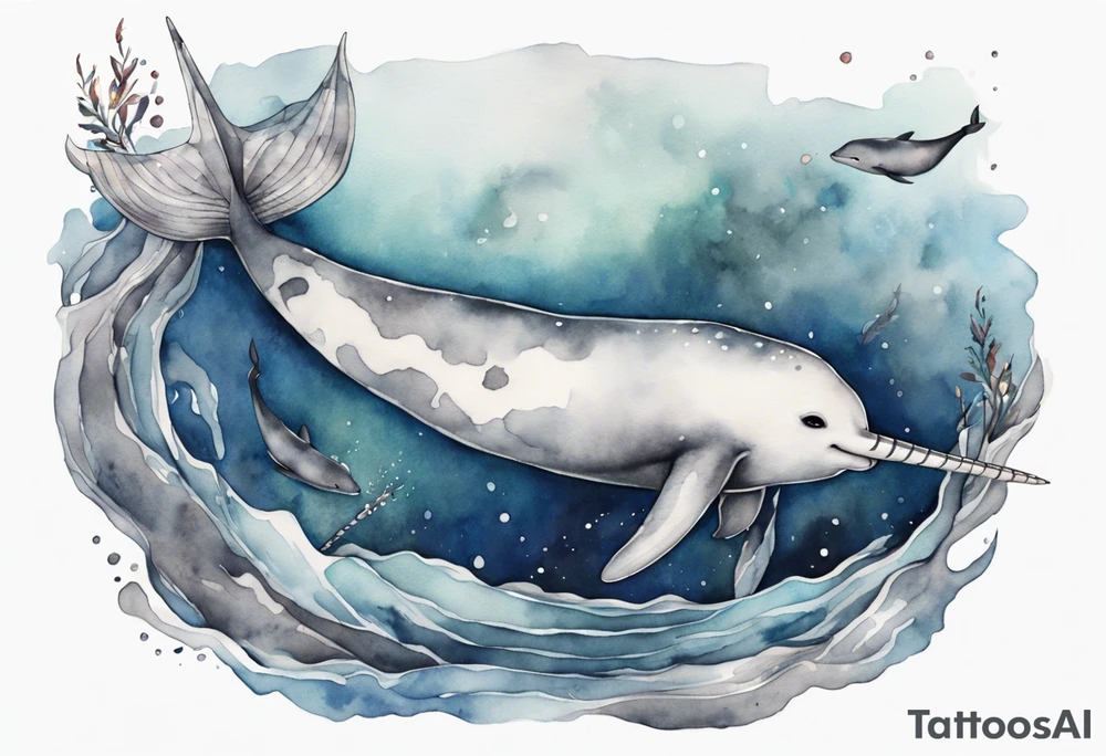 a melancholy watercolor painting of a realistic narwhal swimming in a grey ocean tattoo idea