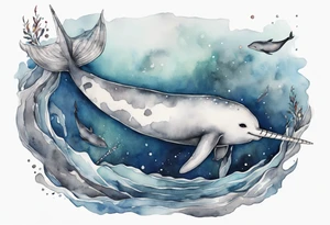a melancholy watercolor painting of a realistic narwhal swimming in a grey ocean tattoo idea