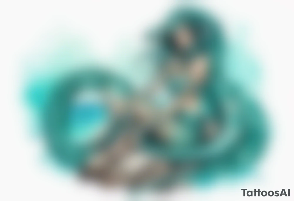A sea serpent woman hybrid covered in turquois scales sitting on rocks by the ocean tattoo idea